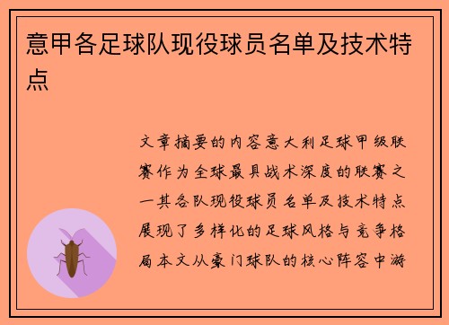 意甲各足球队现役球员名单及技术特点